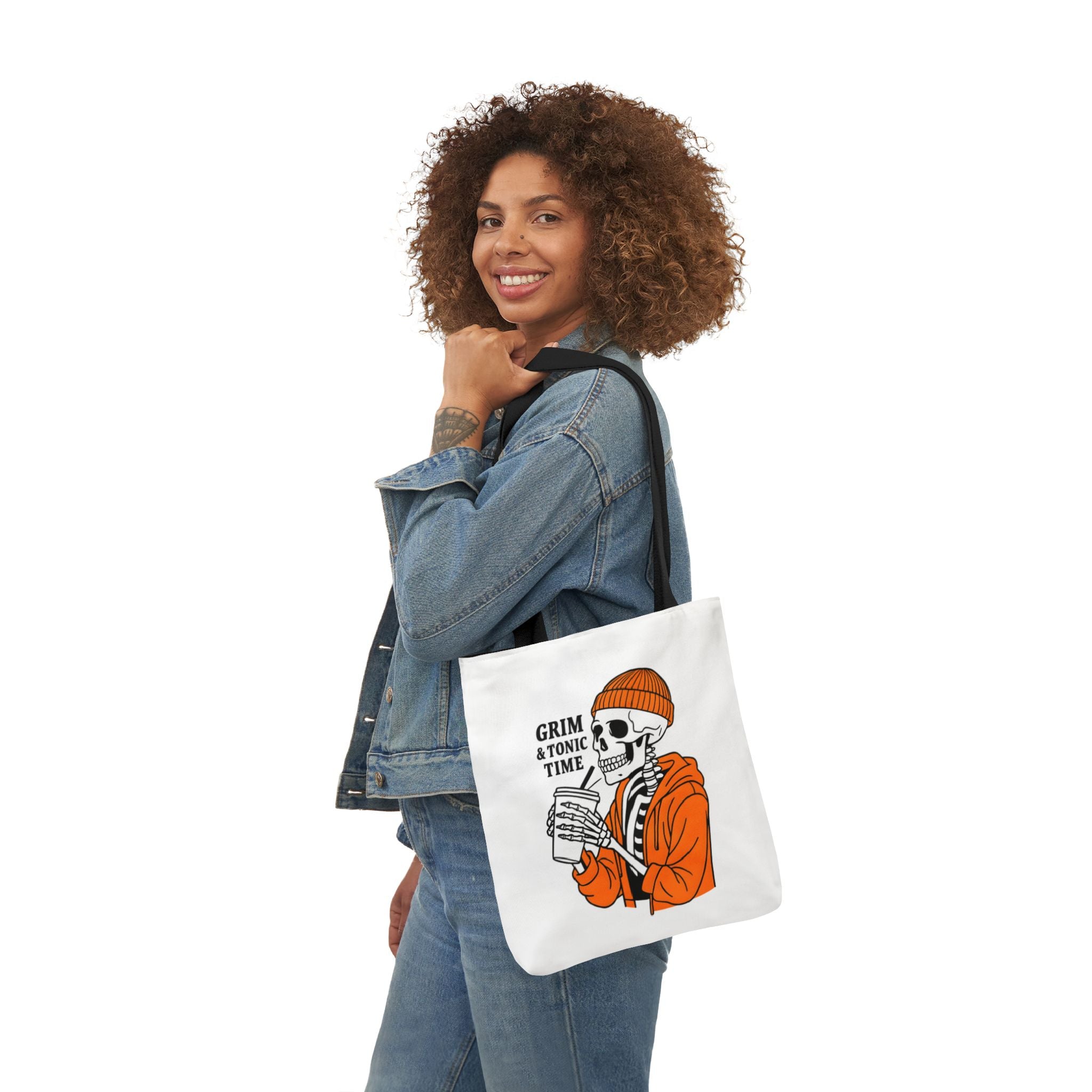 Canvas tote bag, white with black handles; Grim & Tonic Time skeleton in orange coat