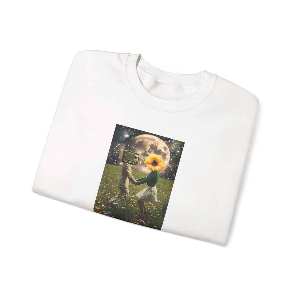 White crewneck sweatshirt with front graphic of astronaut holding a flower and text DREAMS