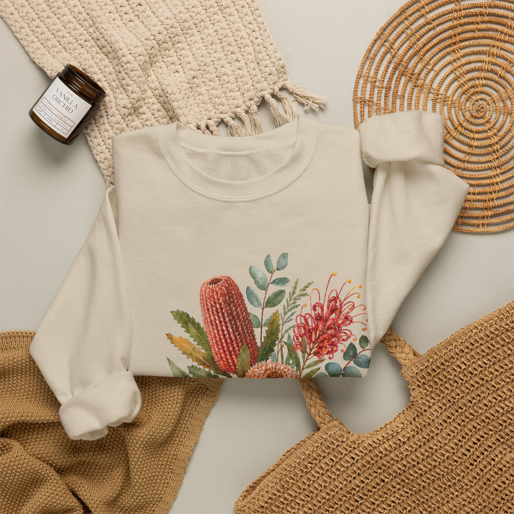 White crewneck sweatshirt with colorful cactus floral graphic, long sleeves