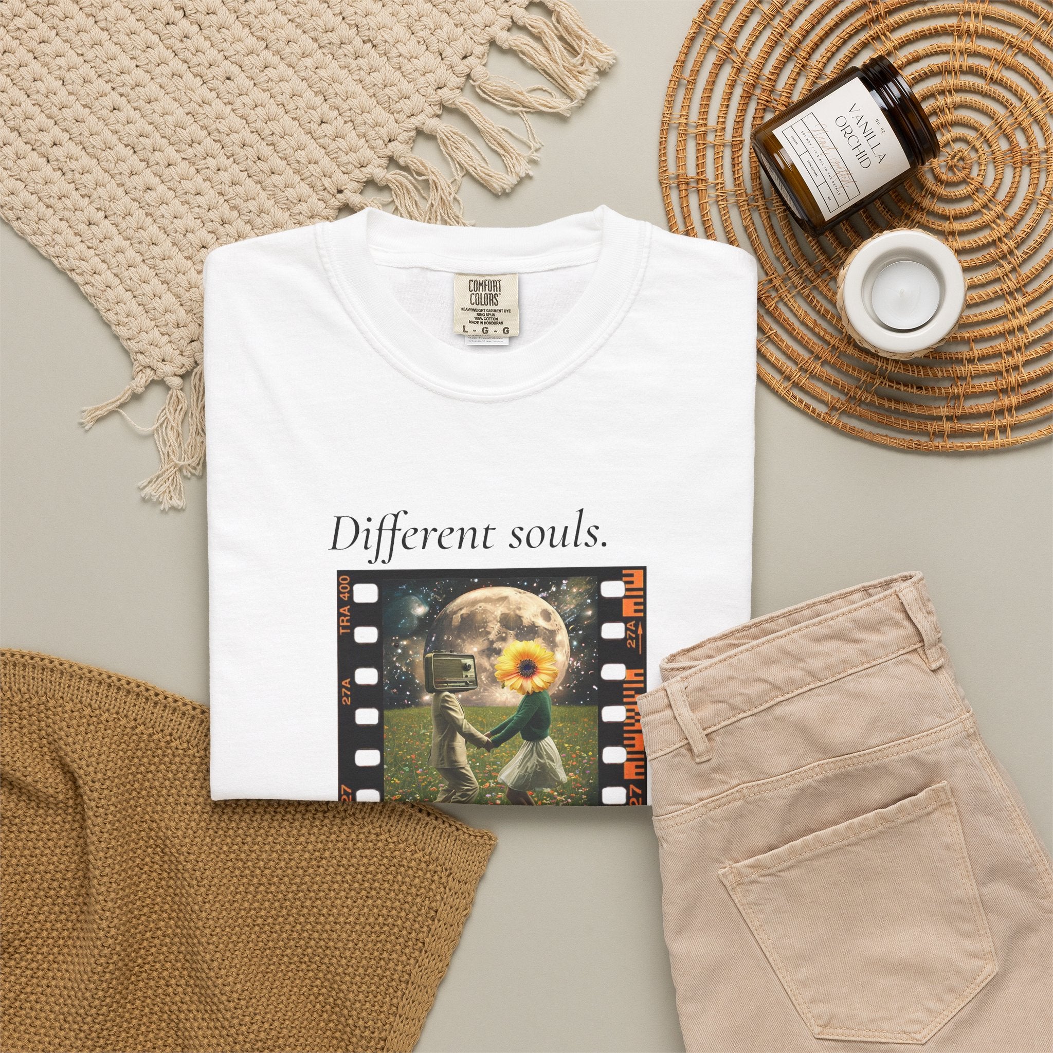 White crew-neck tee with front graphic print and 'Different souls' text