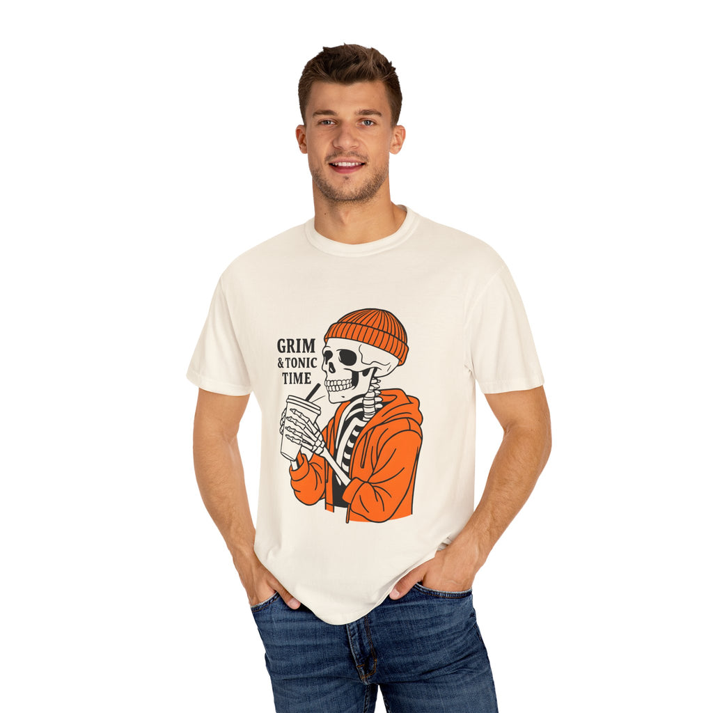 Ivory unisex graphic tee with Grim & Tonic Time skull and orange jacket front print
