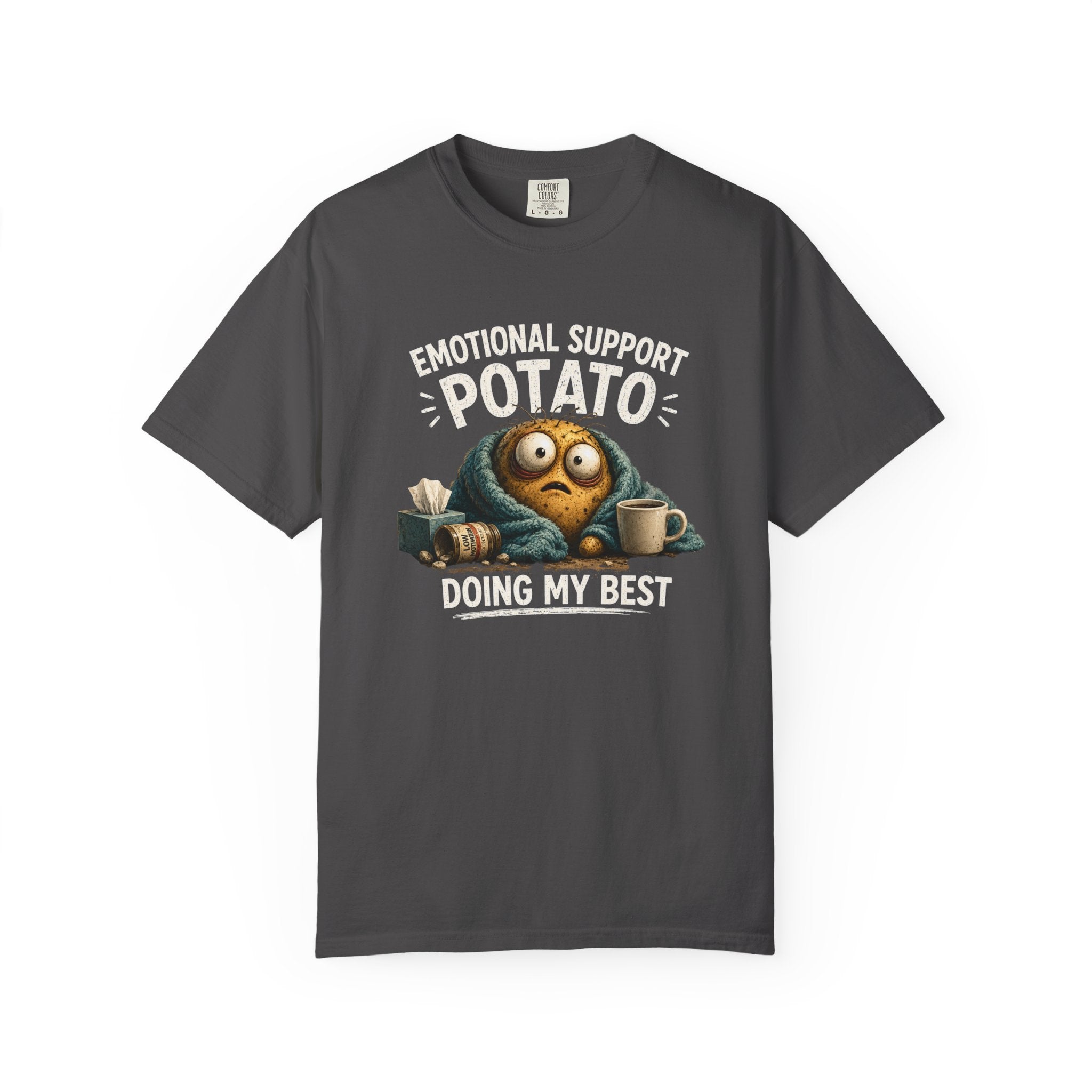 Charcoal Emotional Support Potato T-shirt with potato character and 'Doing My Best' graphic
