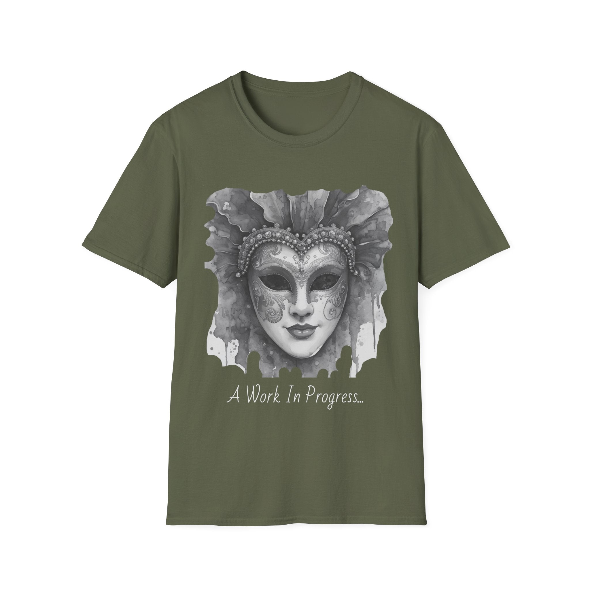 Olive green face T-shirt with grayscale masquerade mask graphic and "A Work In Progress..."