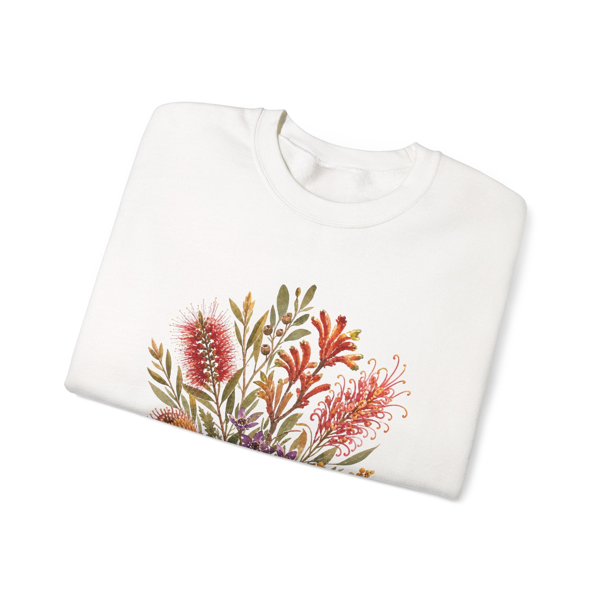 White crewneck sweatshirt with colorful floral bouquet graphic on the chest.