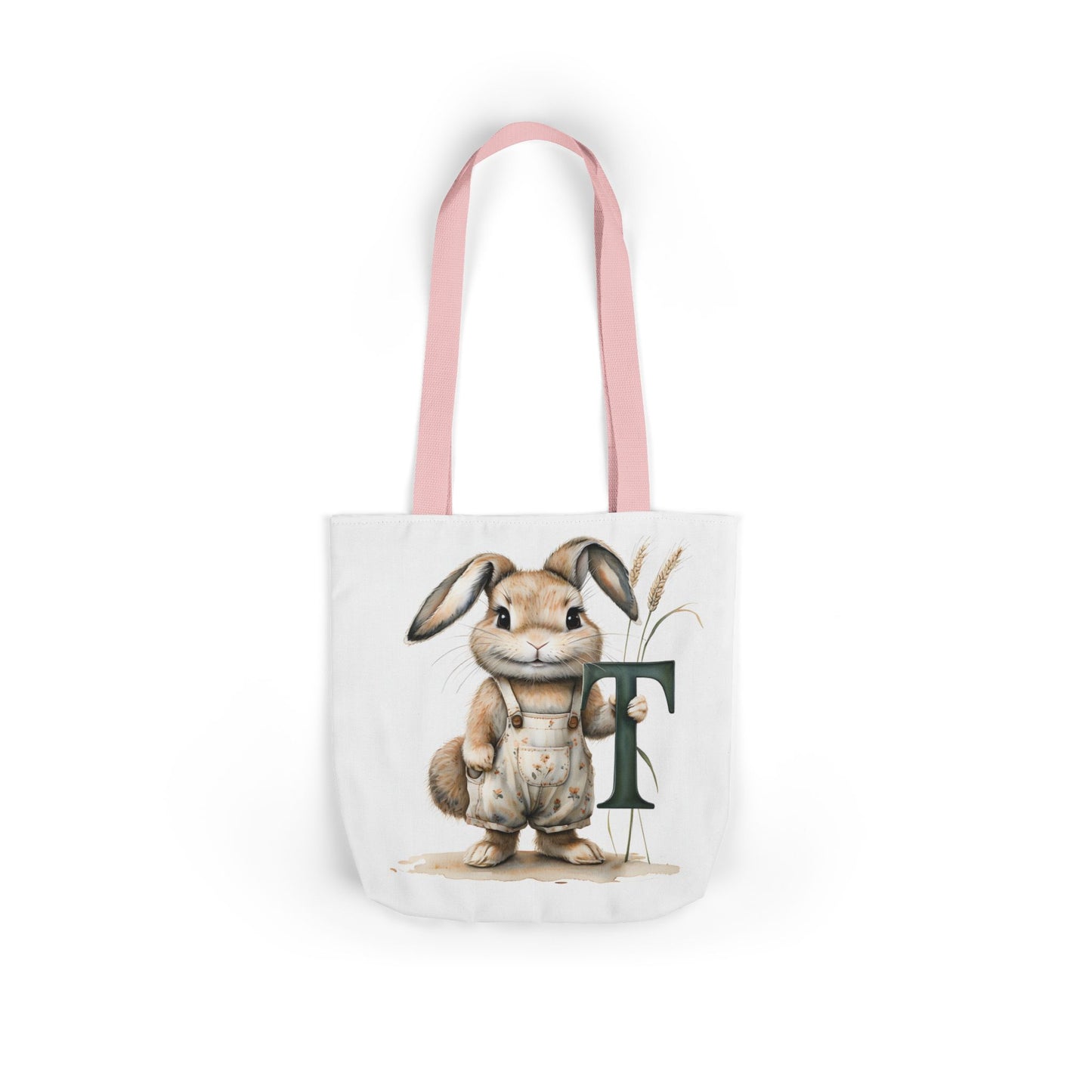 Cute Letter T Bunny Canvas Tote Bag with Colorful Straps, Eco-Friendly Reusable Shopping Bag, Easter Gift, Spring Tote, Cute Gift idea