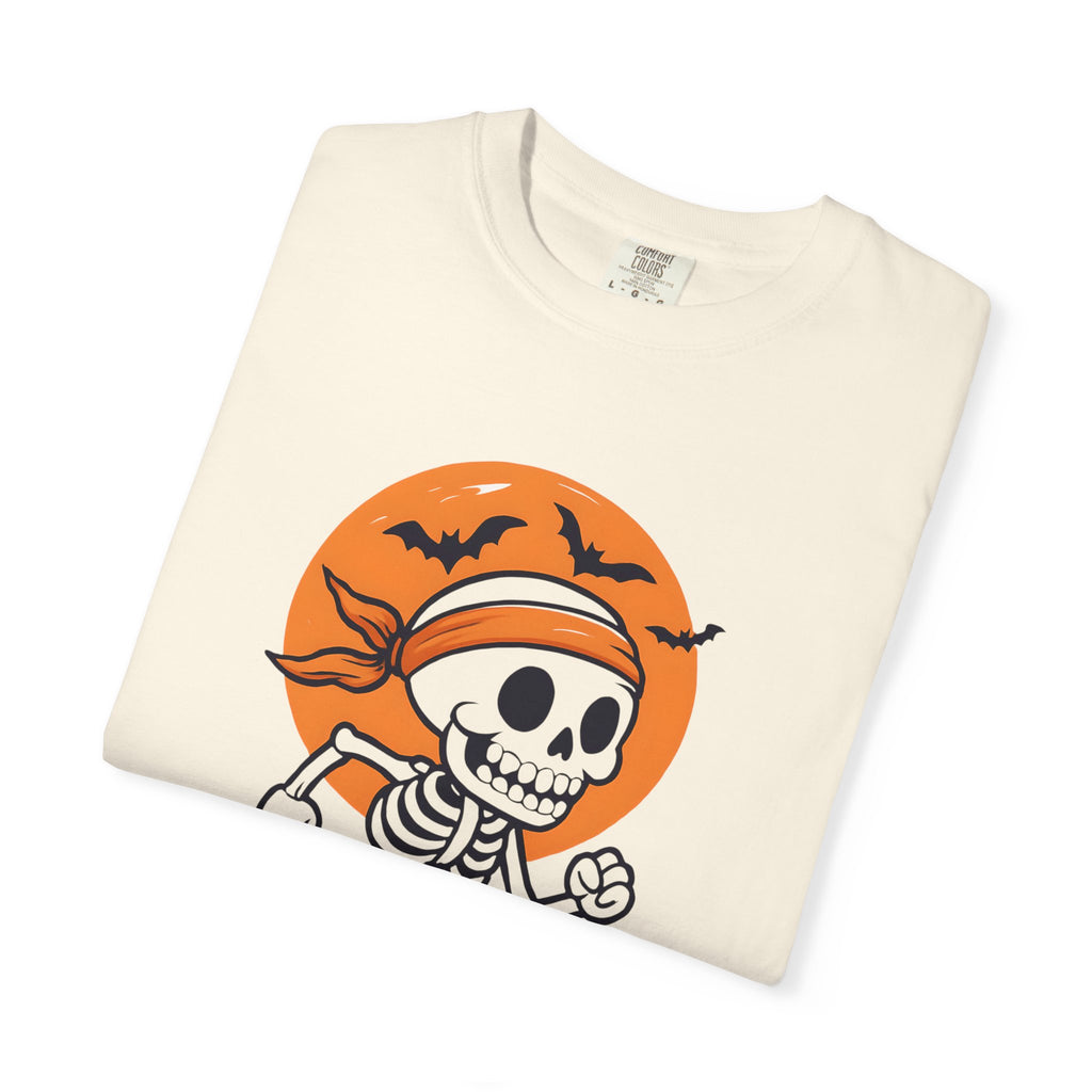 Ivory Halloween T-shirt close-up skull runner graphic with 'Dead Tired' slogan