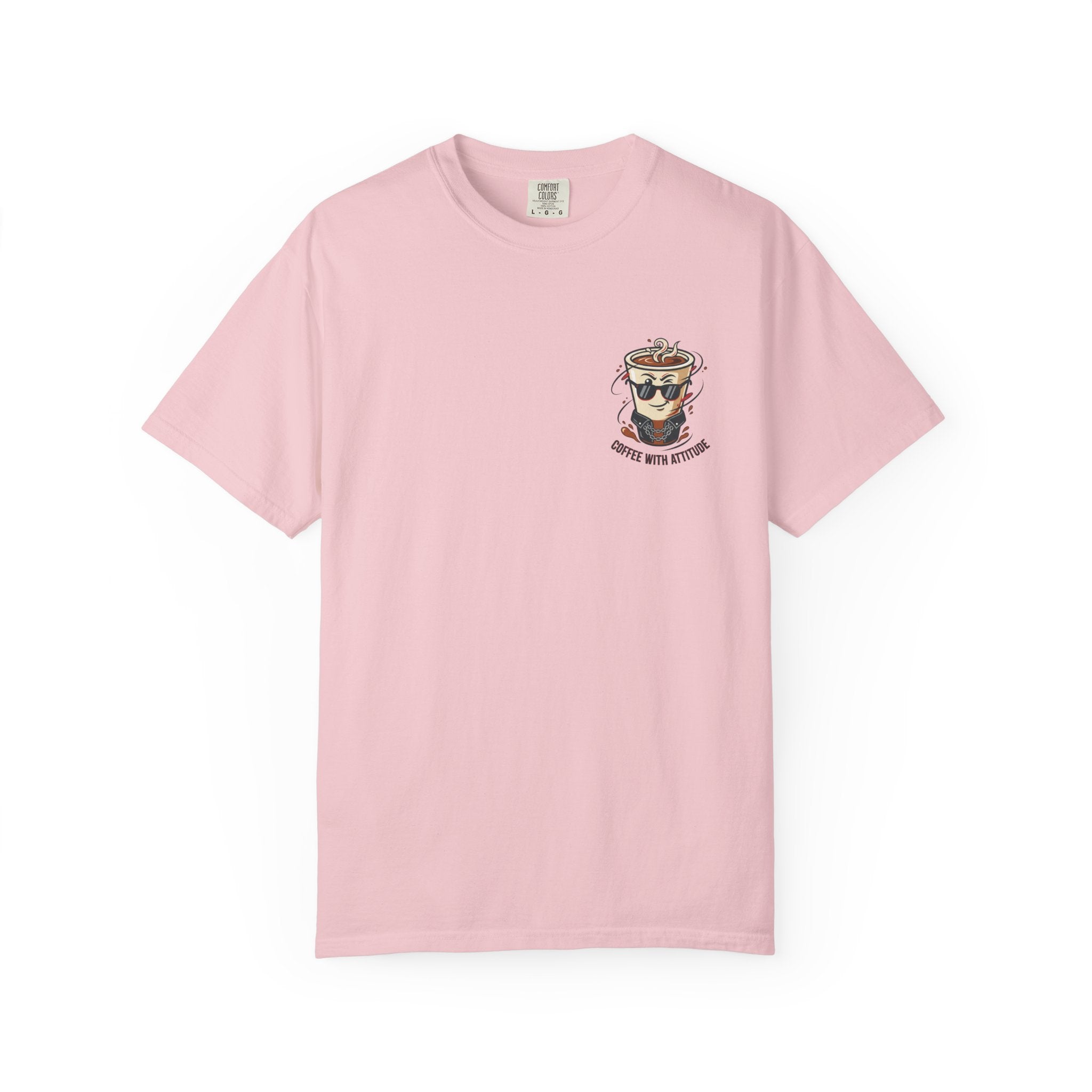 Light pink crewneck T-shirt with small coffee cup logo on the chest.