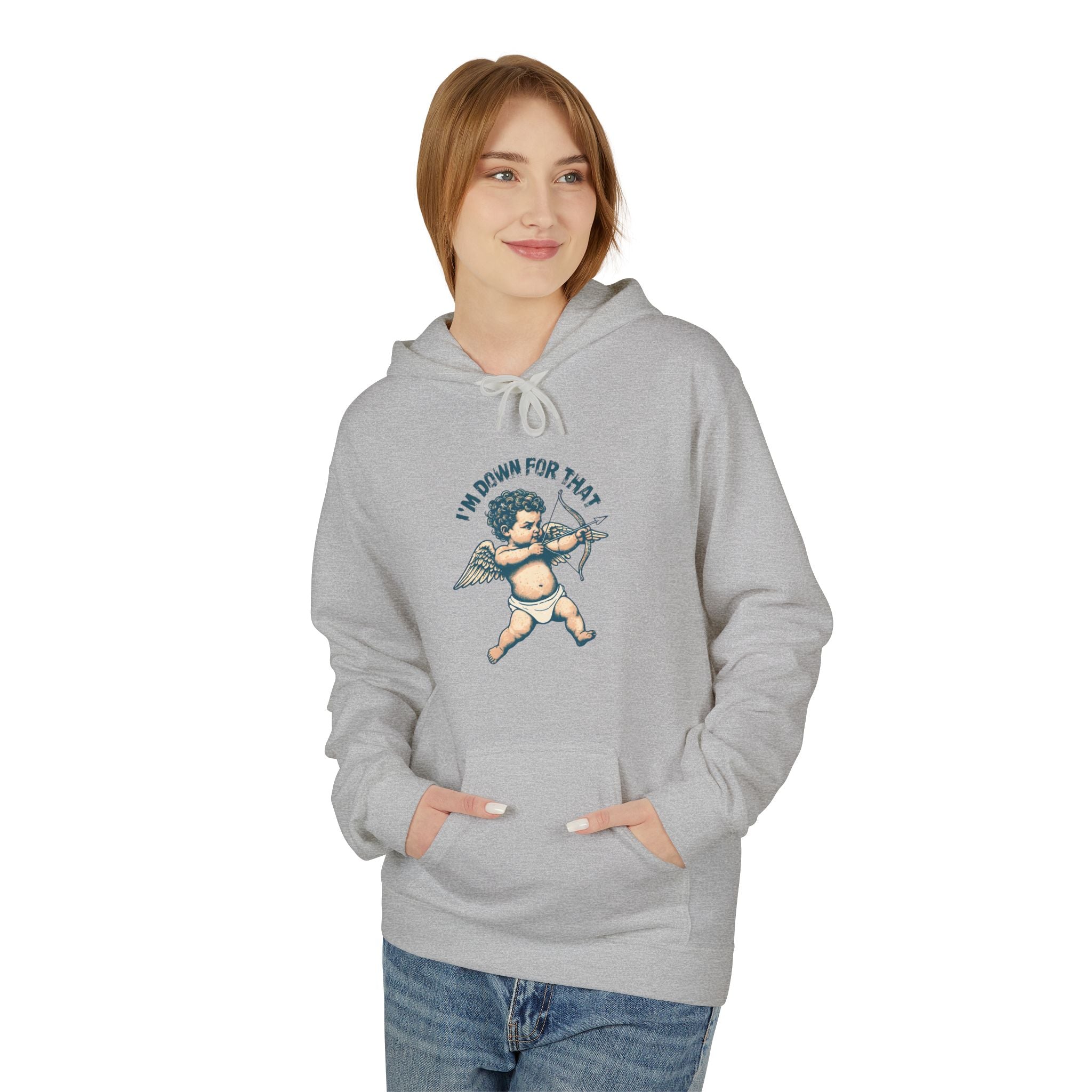 Unisex sport grey hoodie with drawstring hood, front pocket, and cupid graphic.