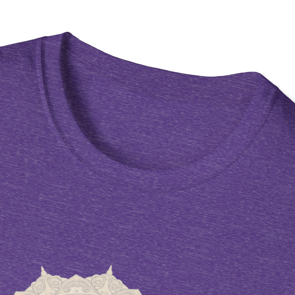 Purple T-shirt fabric close-up with crew neckline