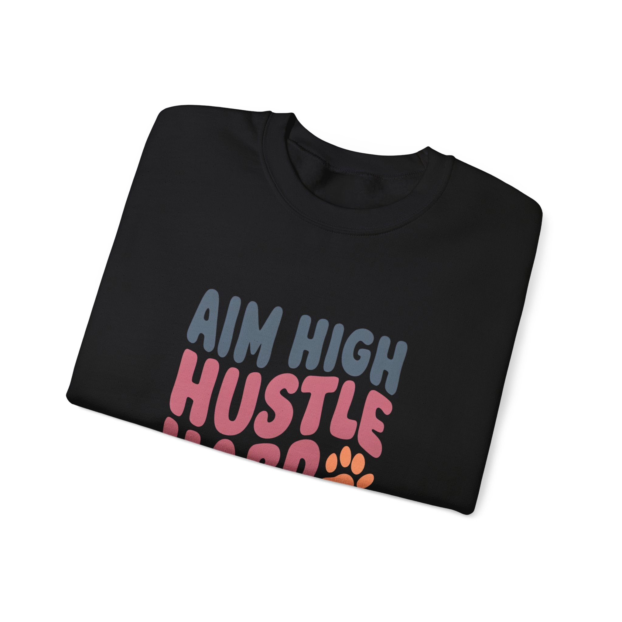 Unisex crewneck sweatshirt, black, with multicolor “AIM HIGH” stacked graphic on front