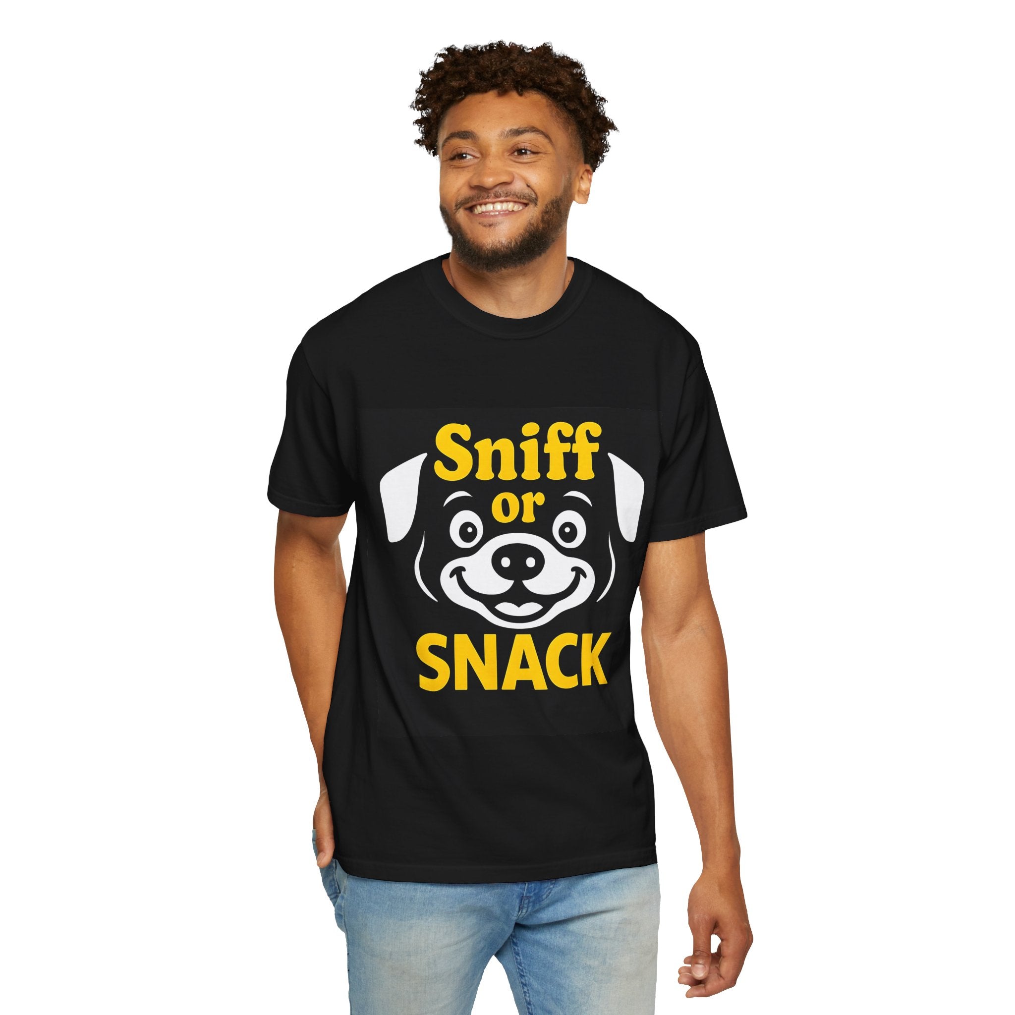 Sniff or Snack Dog Lover Unisex T-Shirt, Yellow text, Dog Apparel, Pet Owner Gift, Animal Lover Tee, Funny Canine Shirt