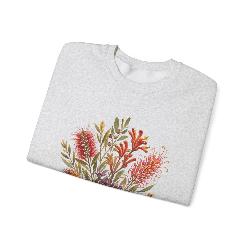 Floral bouquet sweatshirt, heather grey crewneck with partial floral bouquet print