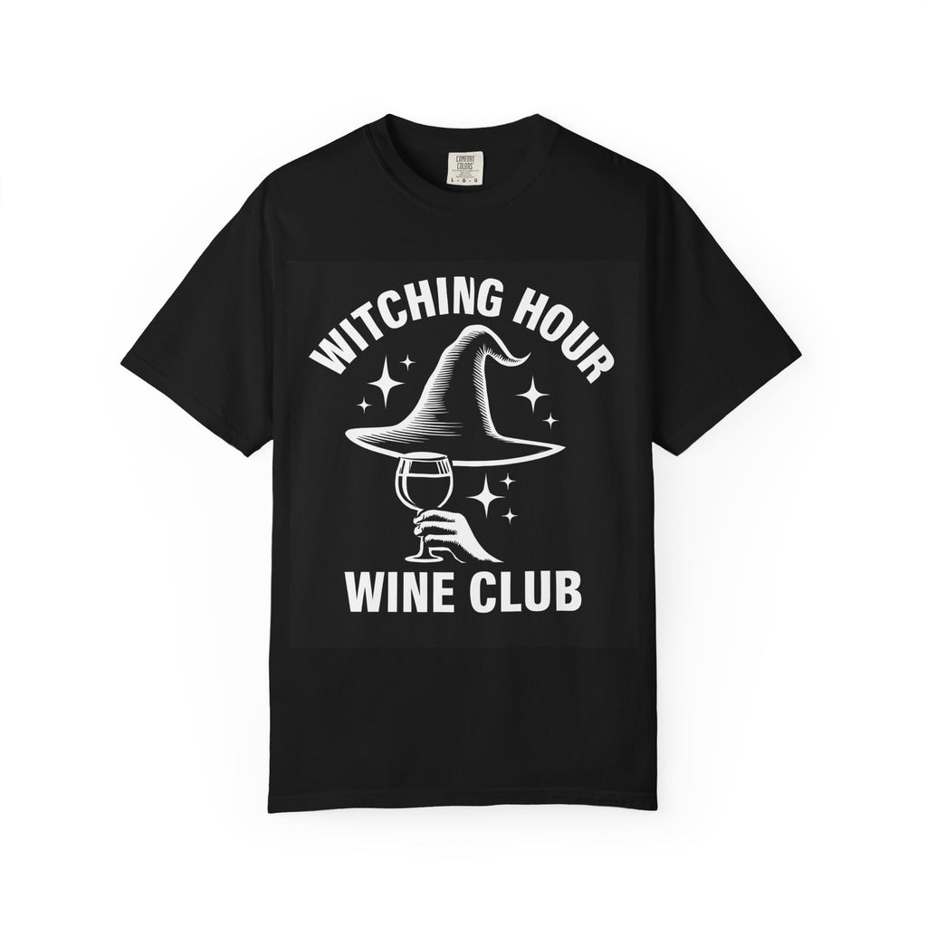 Black short-sleeve T-shirt with centered witch-hat wine club graphic