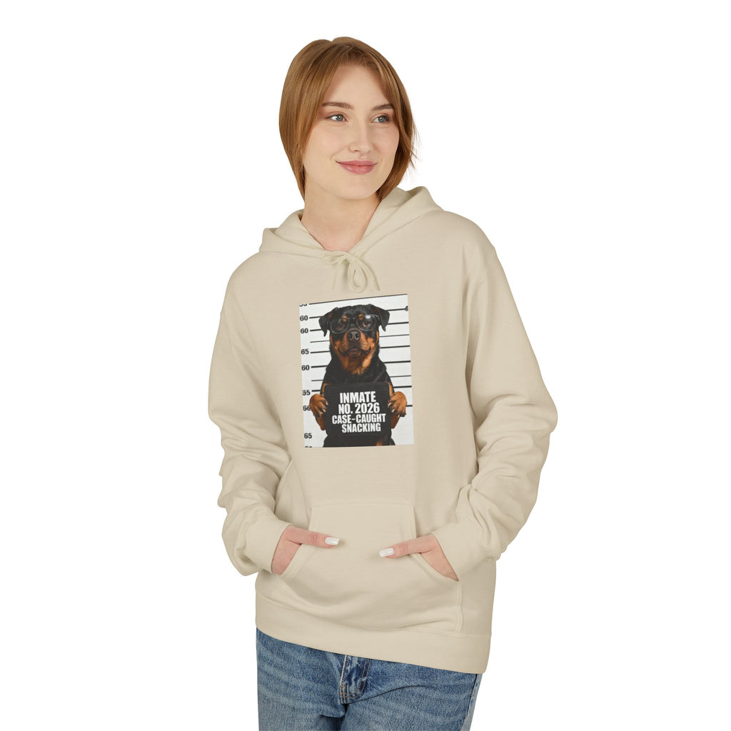 Sand pullover hoodie with hood and front pocket, front graphic with a Rottweiler poster
