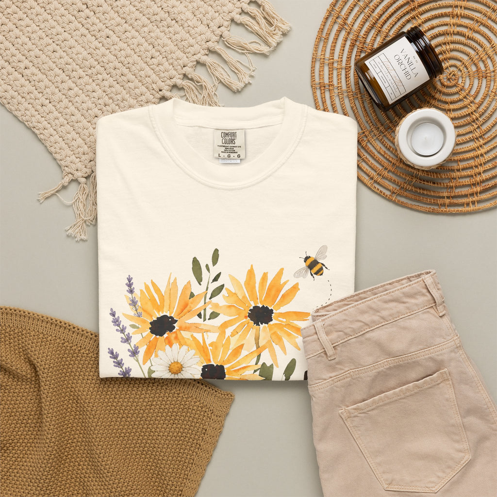Ivory crew-neck t-shirt with sunflower, lavender bouquet and bee graphic