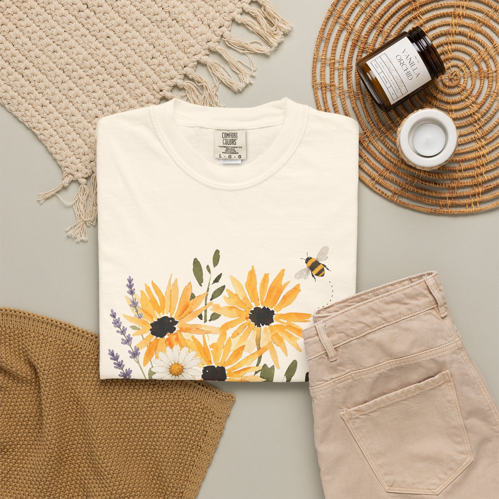 Ivory crew-neck t-shirt with sunflower, lavender bouquet and bee graphic
