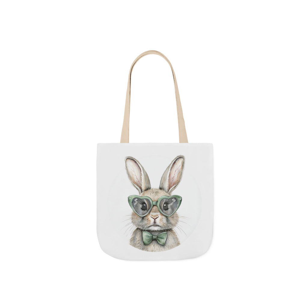 Canvas tote bag with bunny face print and light-beige shoulder straps