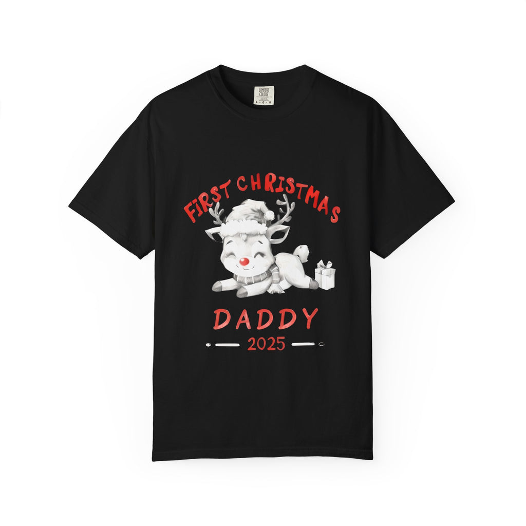 Men's black Christmas graphic T-shirt with reindeer holding gifts and "Daddy 2025"