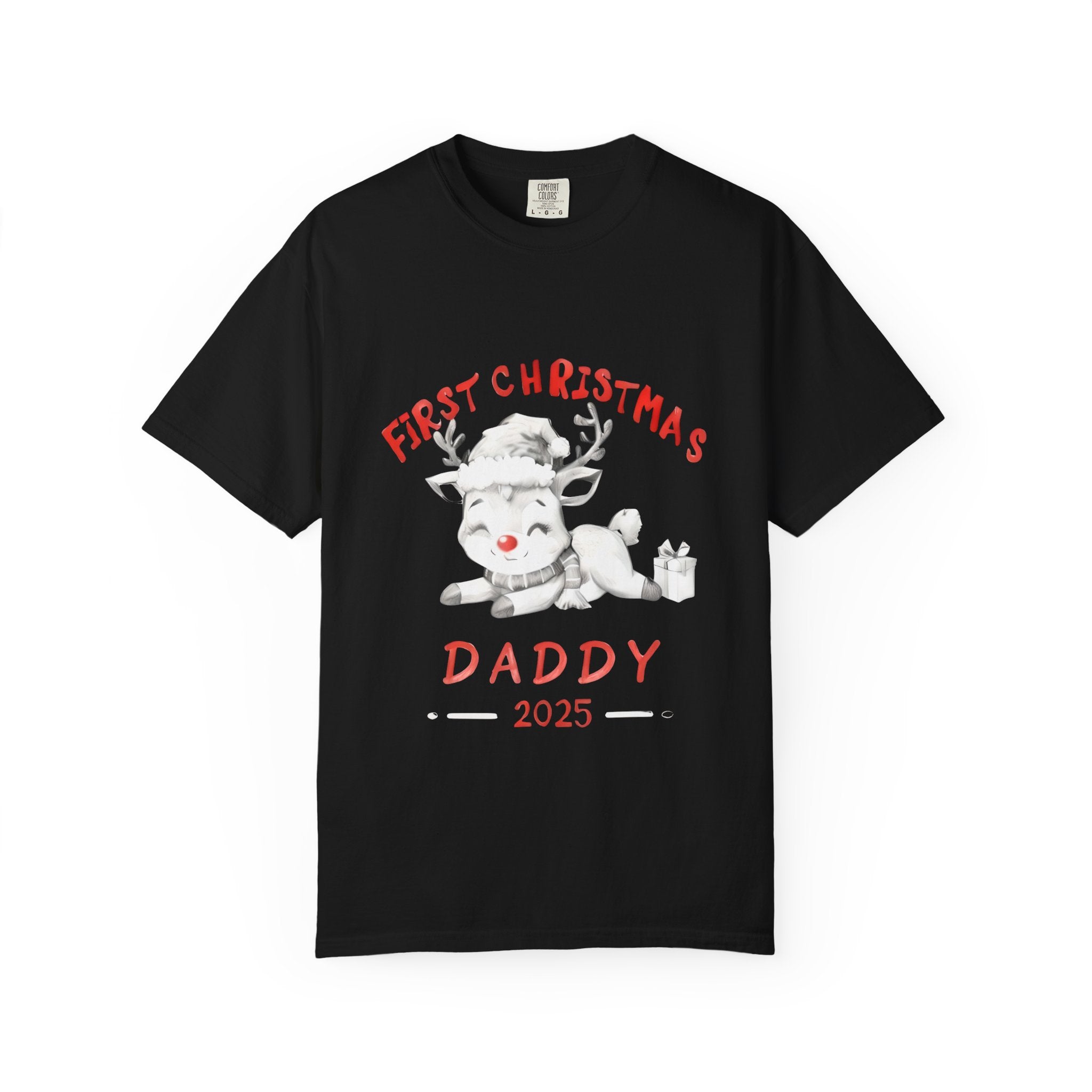 Men's black Christmas graphic T-shirt with reindeer holding gifts and "Daddy 2025"
