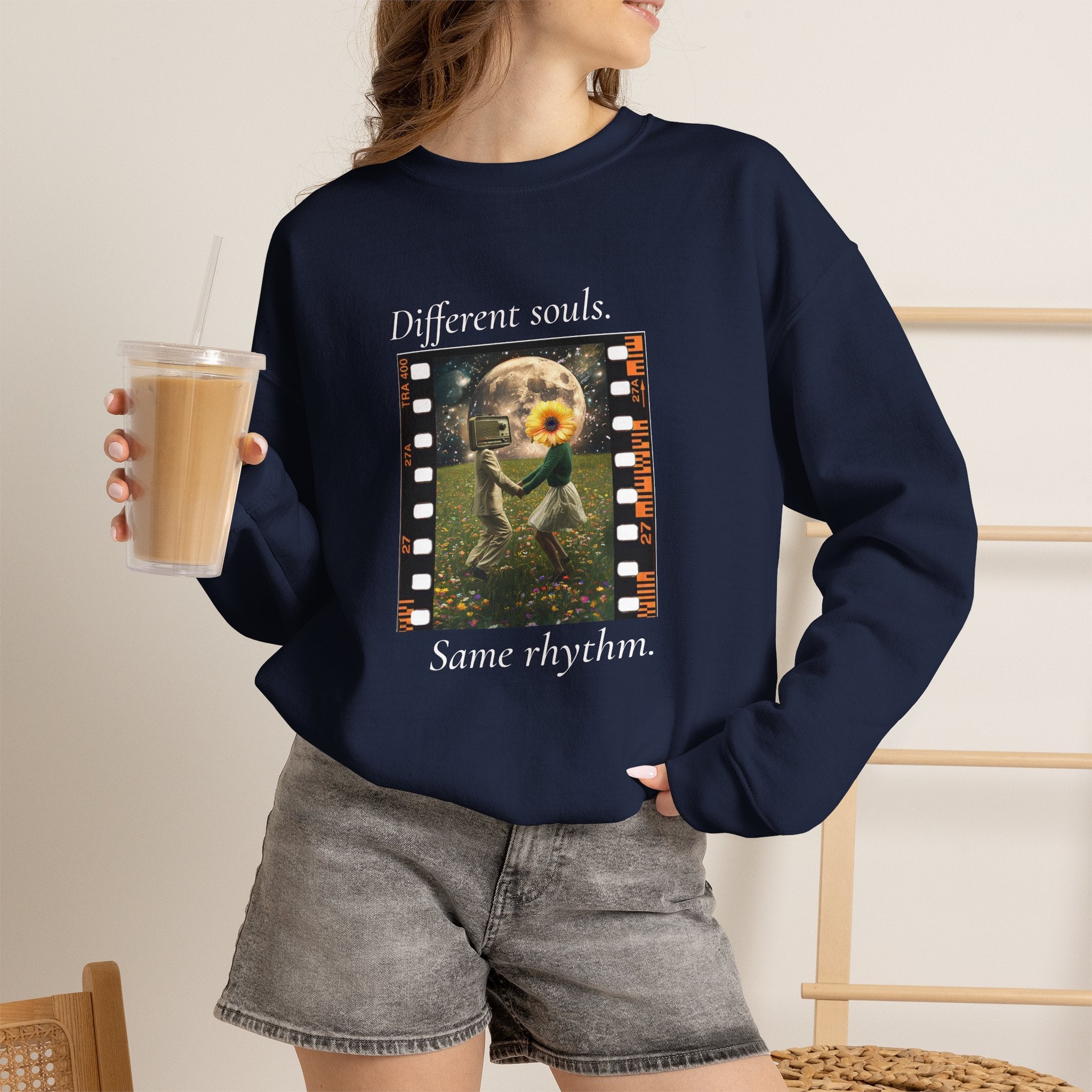 Navy crewneck sweatshirt with long sleeves and colorful front graphic print