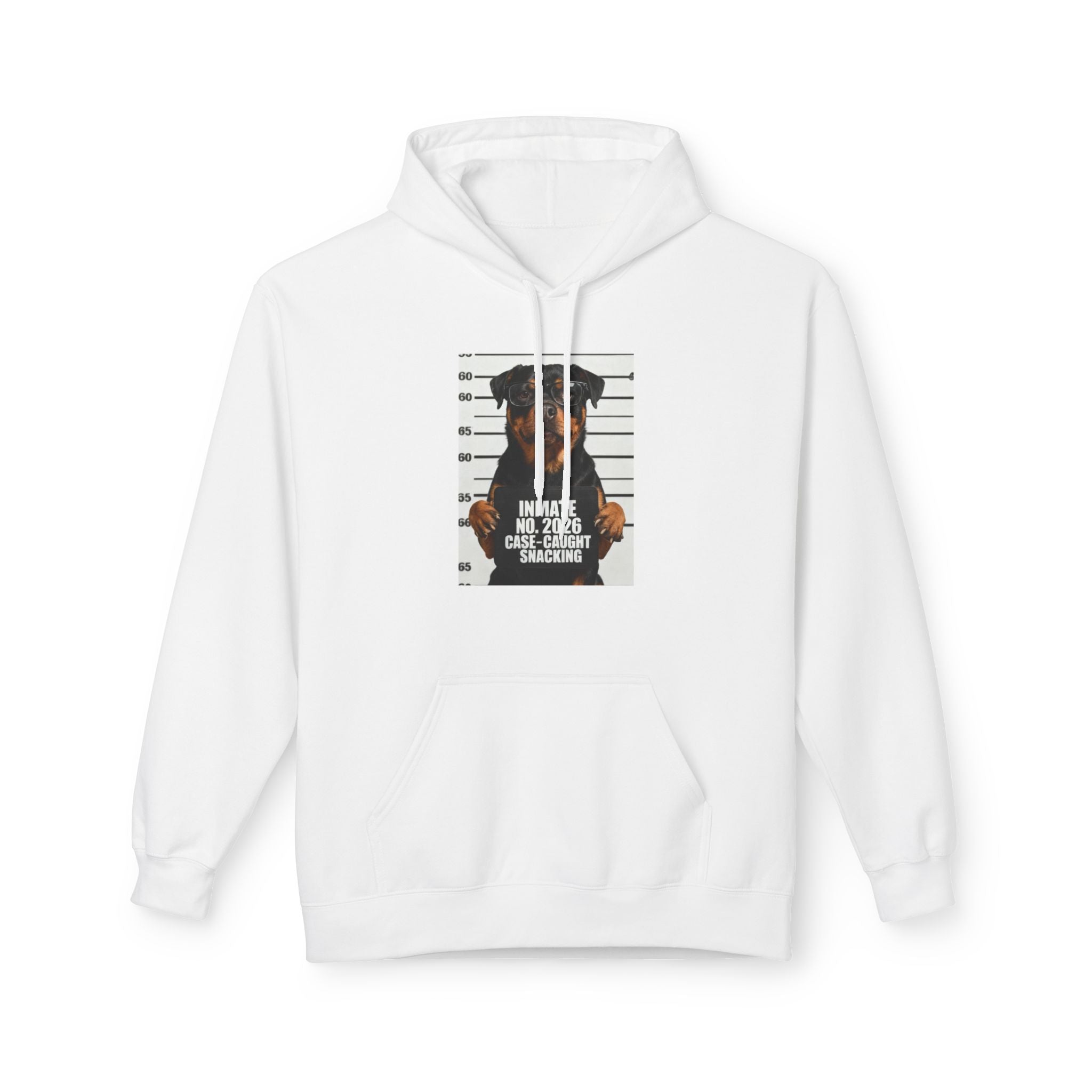 White hoodie with front rottweiler graphic print and small text