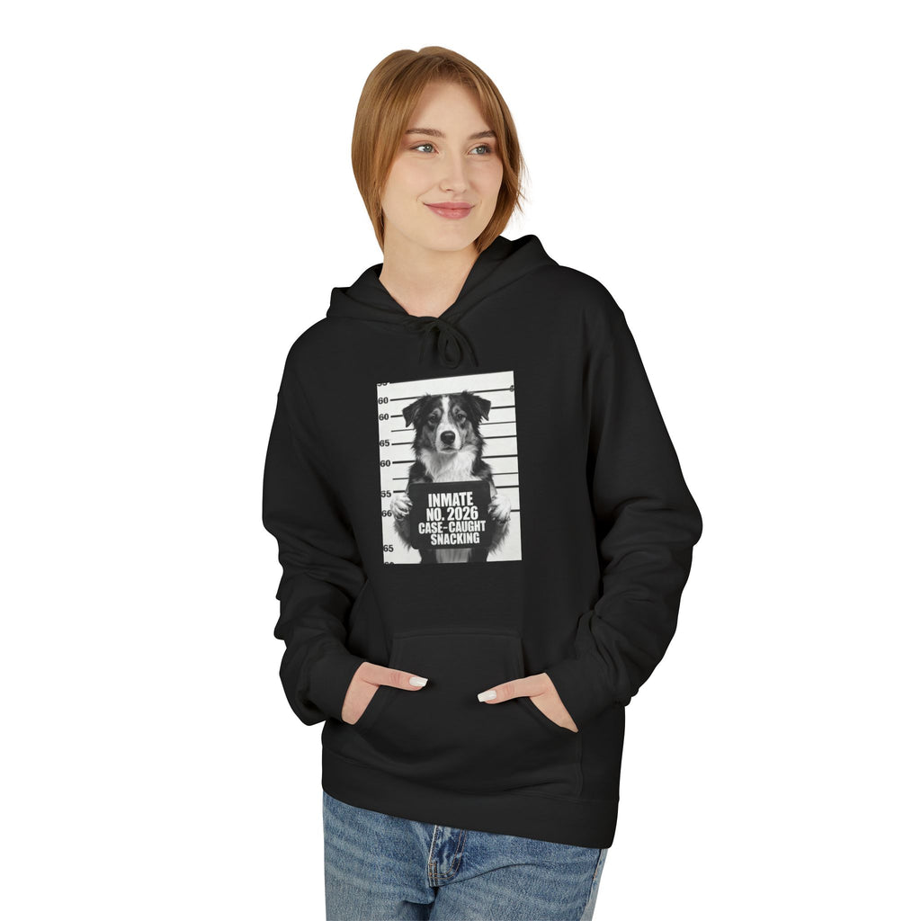 Black hoodie with front kangaroo pocket, drawstring hood, and dog mugshot graphic