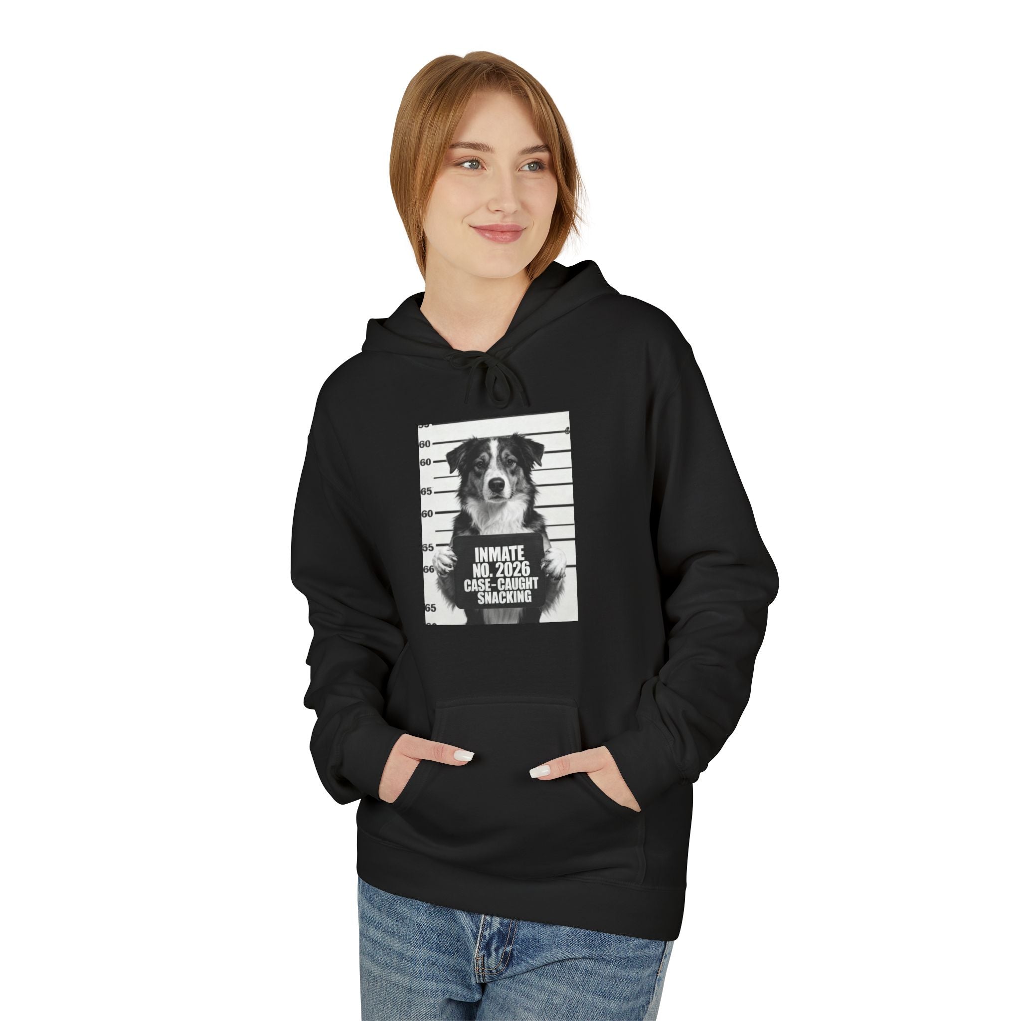 Black hoodie with front kangaroo pocket, drawstring hood, and dog mugshot graphic