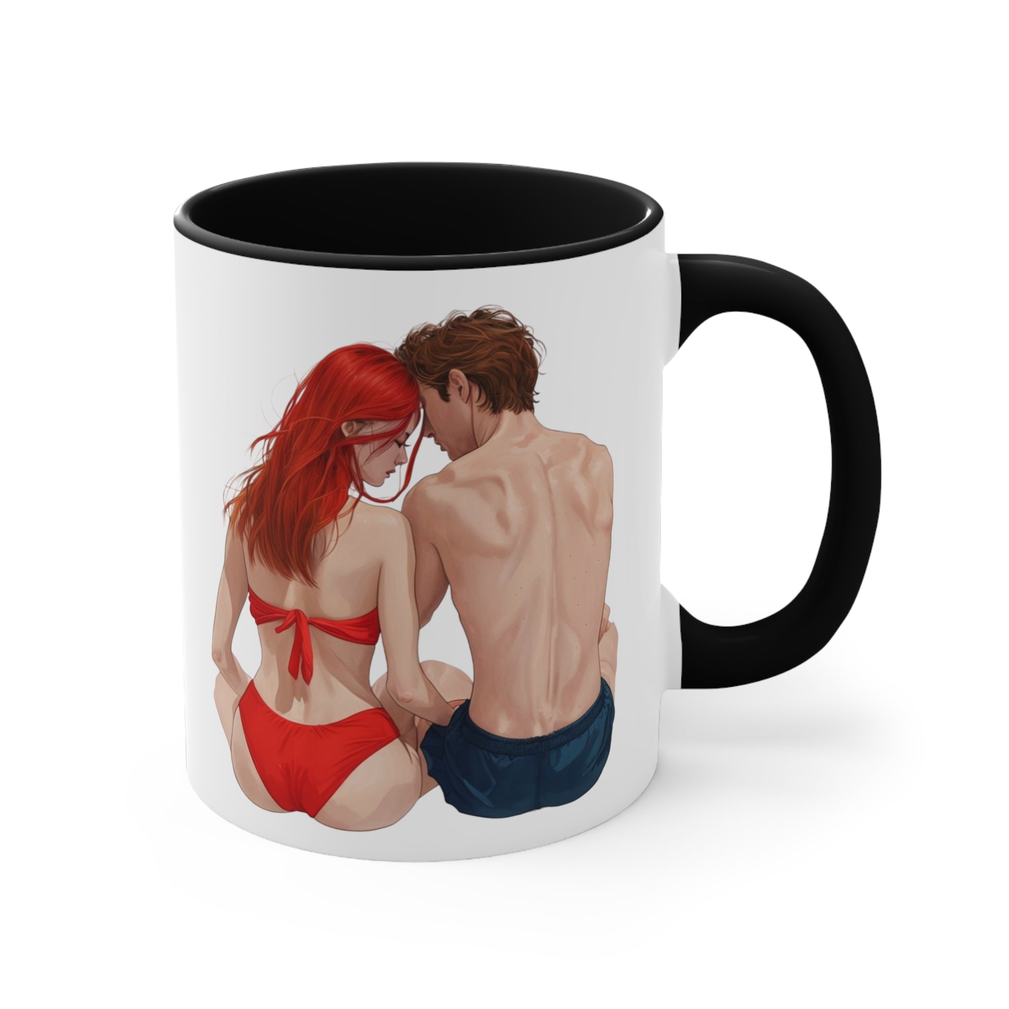 White mug with black handle and rim, featuring red-and-blue couple logo print