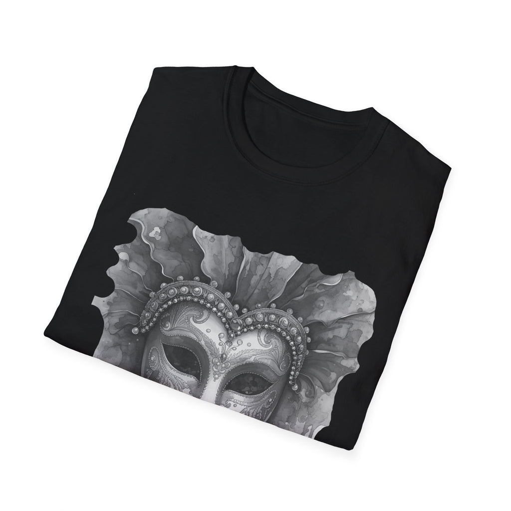 Black crew-neck face graphic t-shirt with grayscale masquerade mask watercolor print
