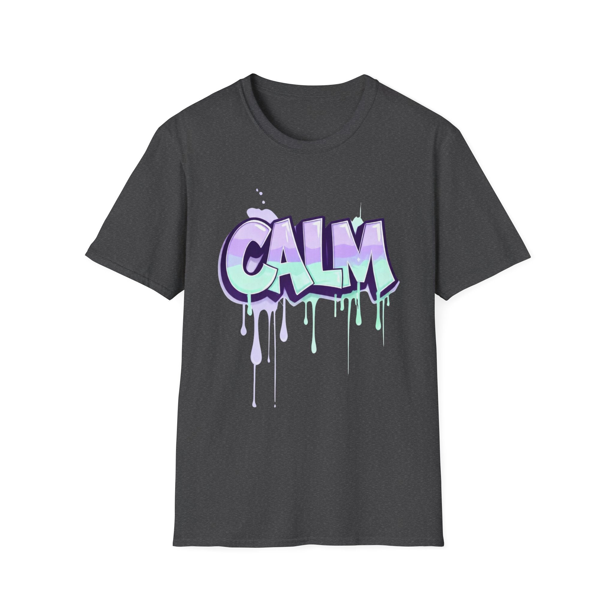 Ladies dark gray graphic t-shirt with “CALM” graffiti logo and purple paint drips