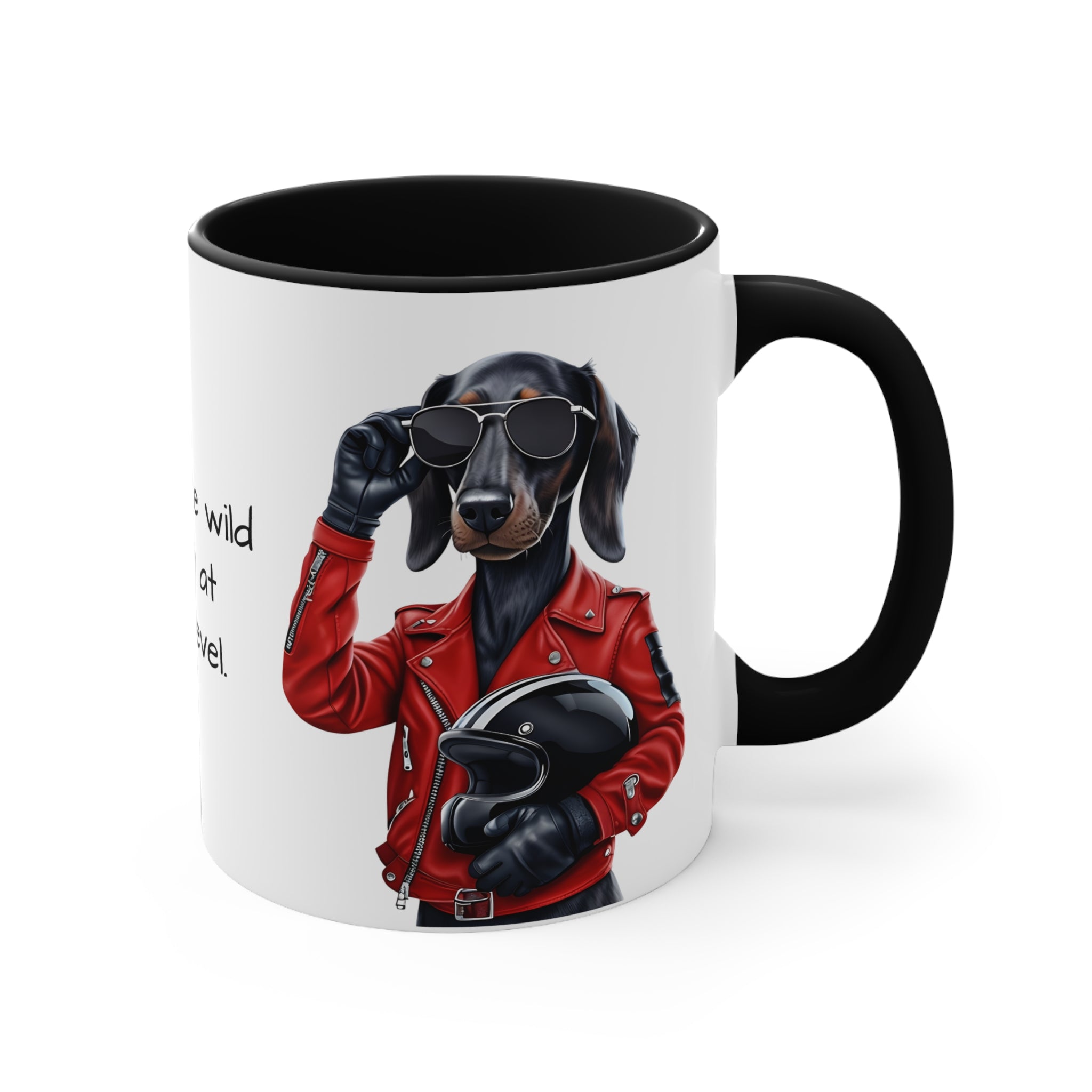 Dachshund in Motorbike Outfit Accent Mug Born to be Wild at ground level Fun Dog Lover Gift
