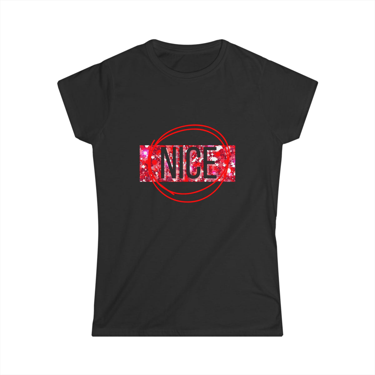 Women’s graphic tee, black, “NICE” front print with red circle