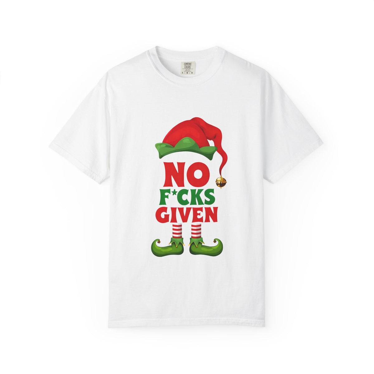 White t-shirt with centered elf print reading “No F*cks Given”