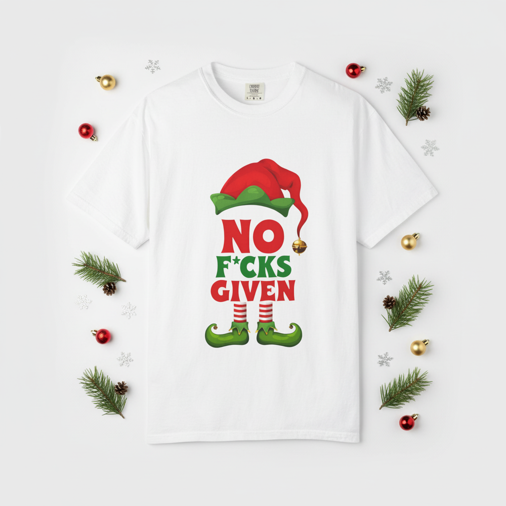White t-shirt with elf graphic and “No F*cks Given” front text