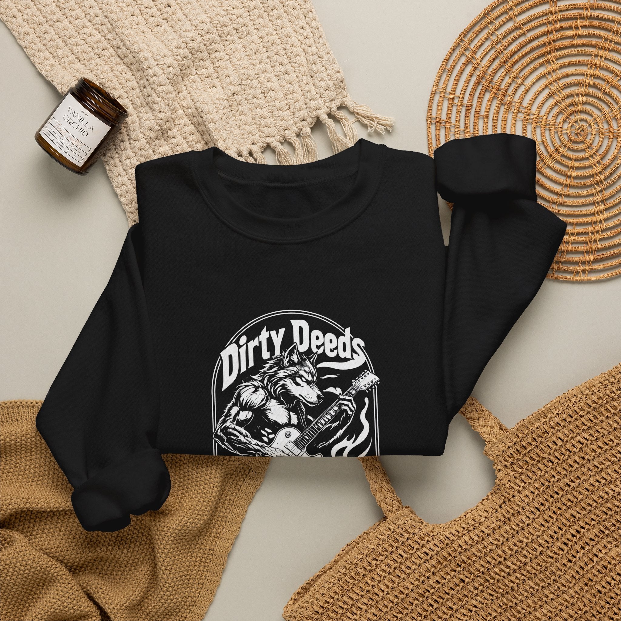 Crewneck Sweatshirt — 'Dirty Deeds Done Dirt Cheap' Retro Skull Graphic