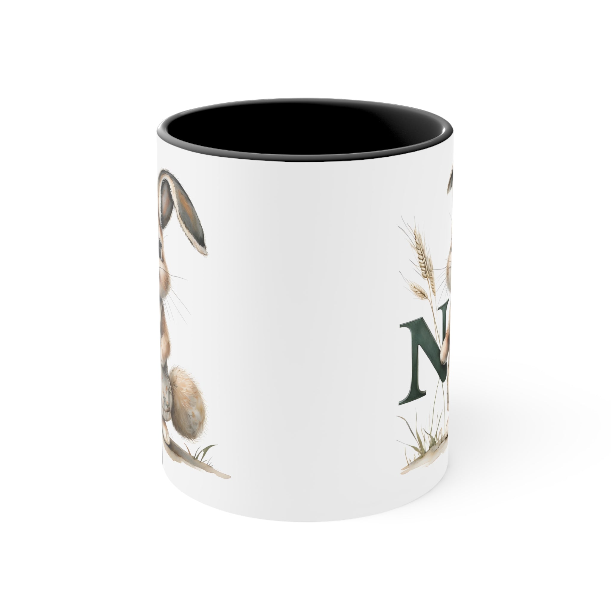 Whimsical Letter N Bunny Accent Mug | Cute Rabbit Coffee Cup for Easter, Spring Decor, Gift for Kids, Animal Lover, Unique Ceramic Mug