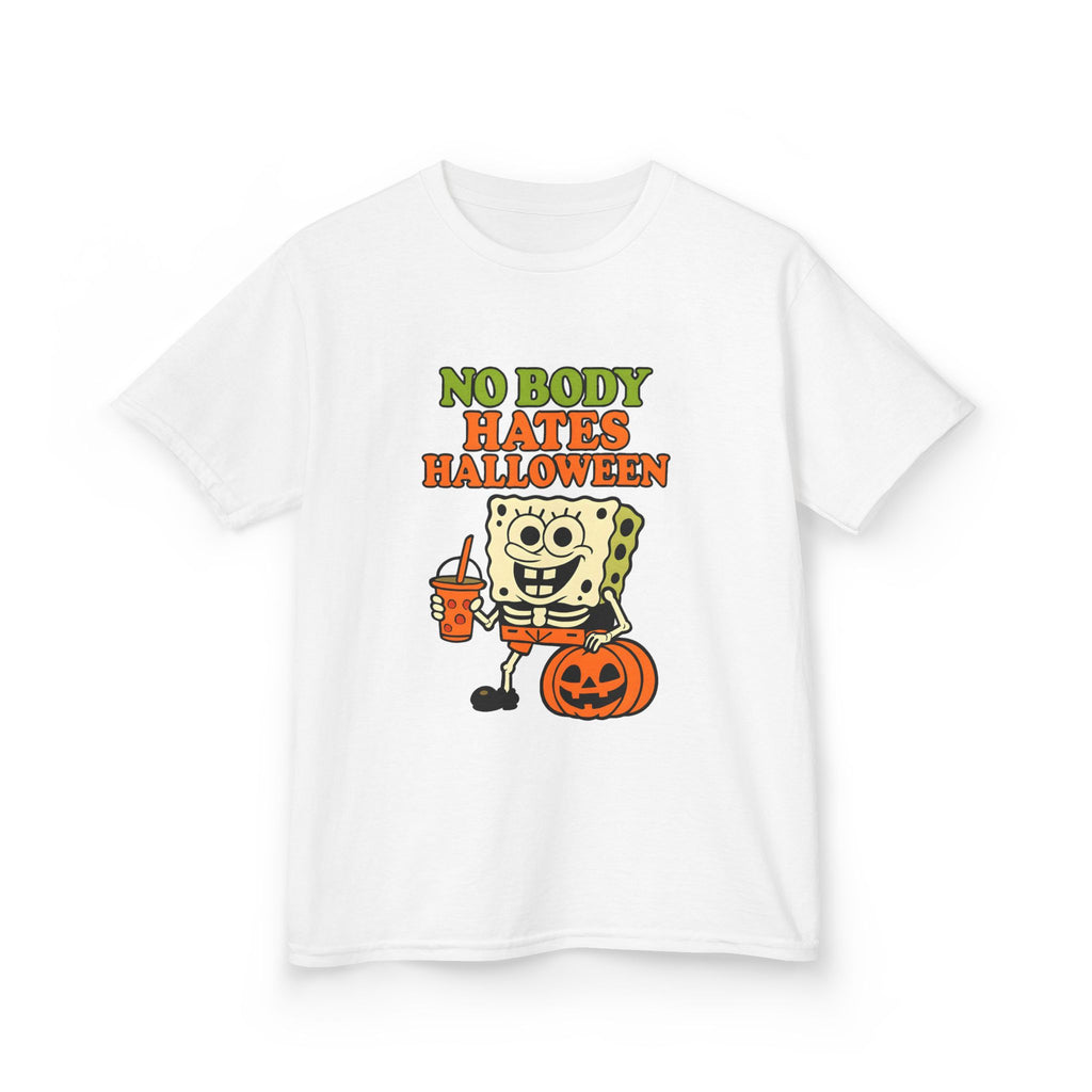 White kids T-shirt, front view, SpongeBob Halloween character with pumpkin
