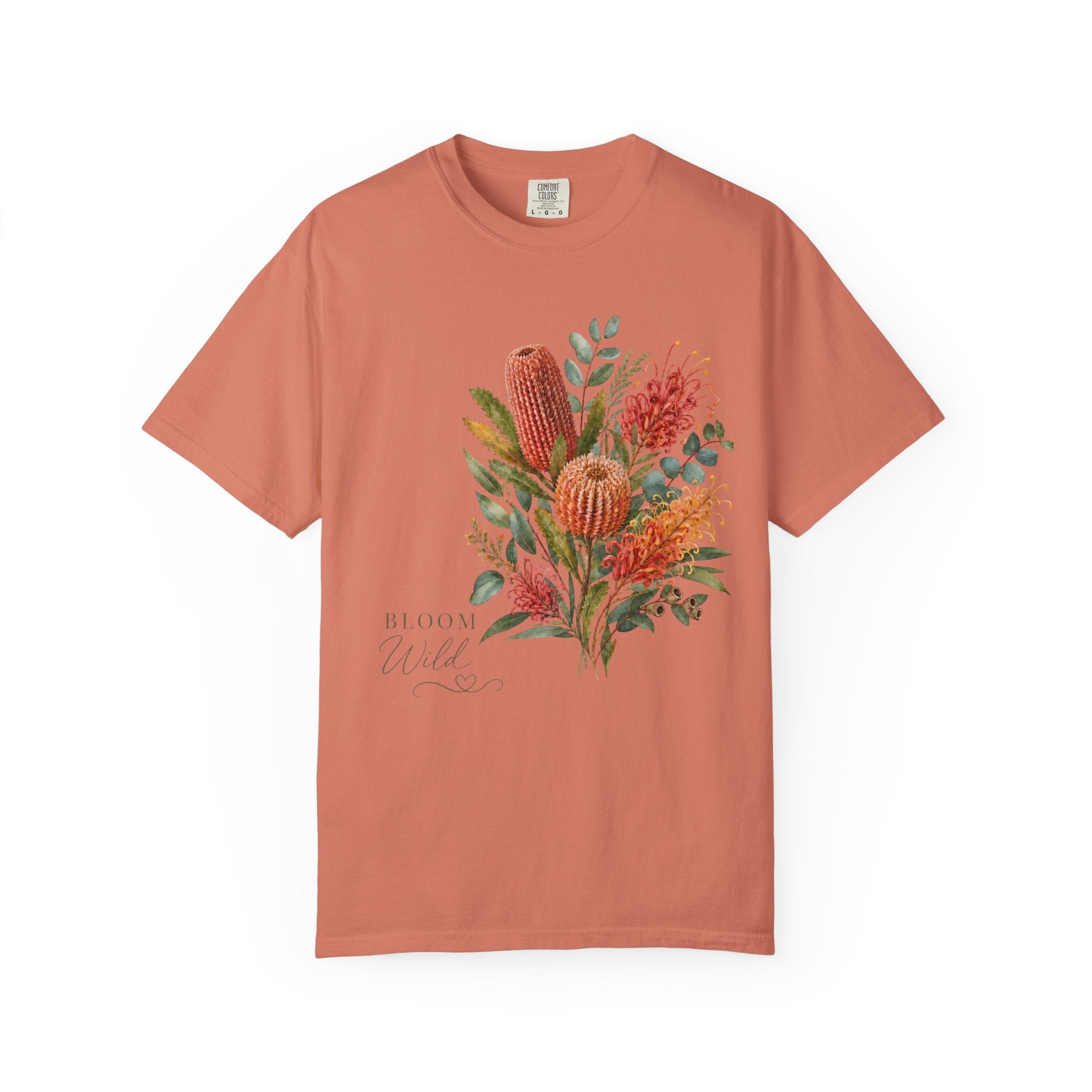 Terracotta crew-neck t-shirt with colorful botanical bouquet graphic at the chest