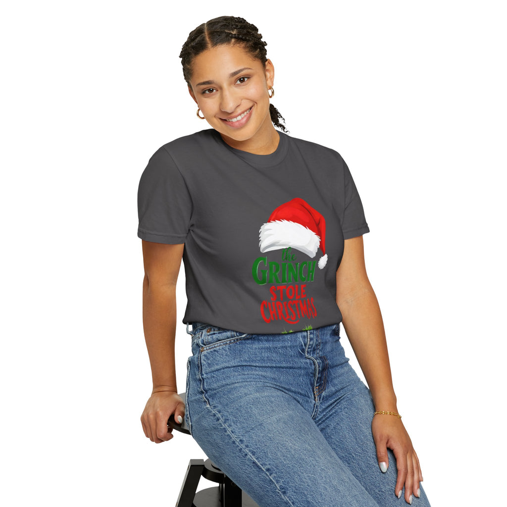 Dark grey crewneck T-shirt with centered red Santa-hat Grinch graphic and text