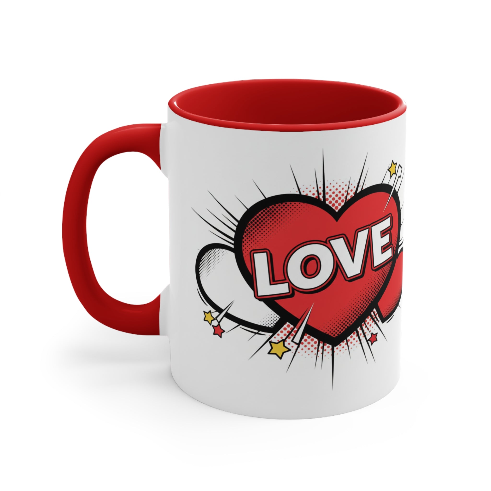 Red-accent white mug with bold LOVE heart graphic; comic-style burst