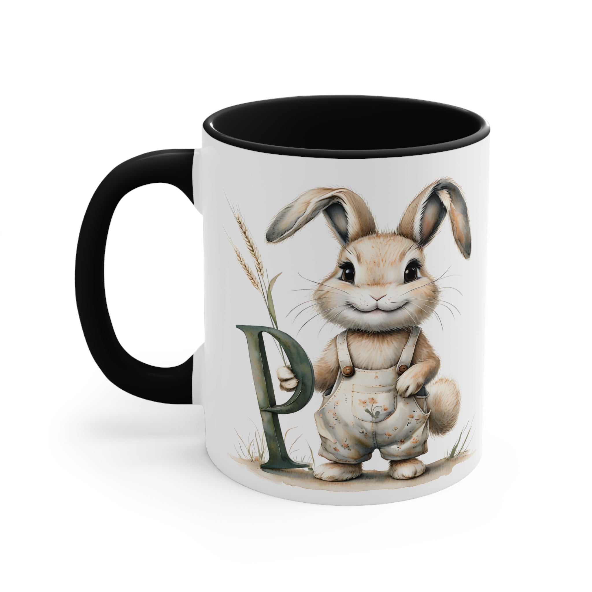 Whimsical Letter P Bunny Accent Mug, Perfect for Easter & Spring Decor, Cute Gift for Rabbit Lovers, Coffee Mug, Tea Cup, Seasonal Drinkware