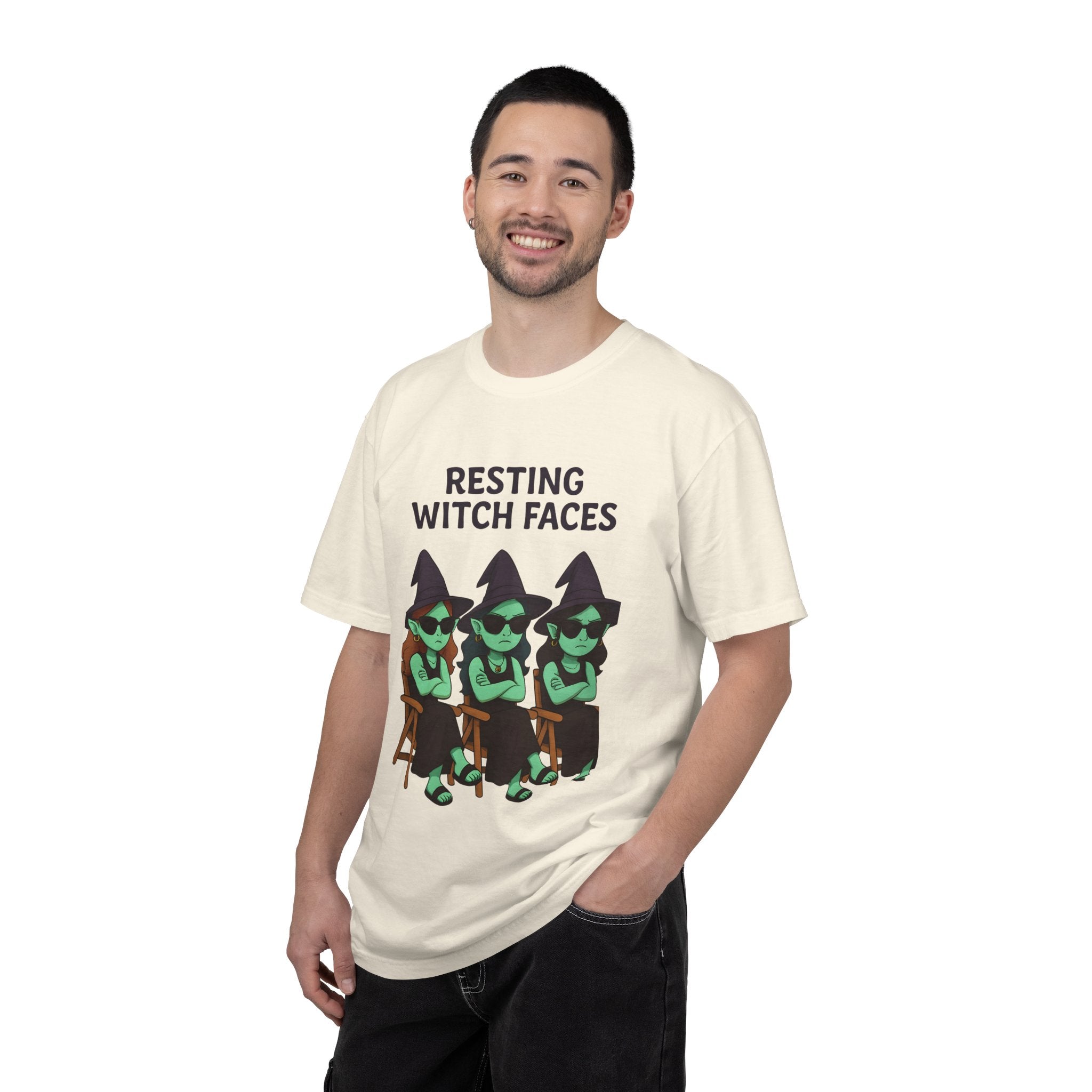 Ivory crew-neck graphic T-shirt with witch faces print