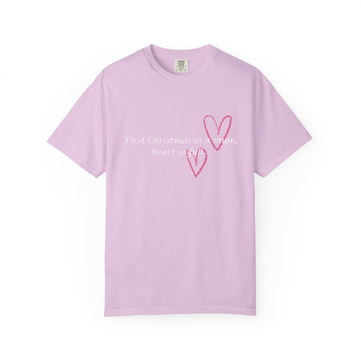 Light lavender Mum Christmas heart T-shirt with pink heart outline and script text at center