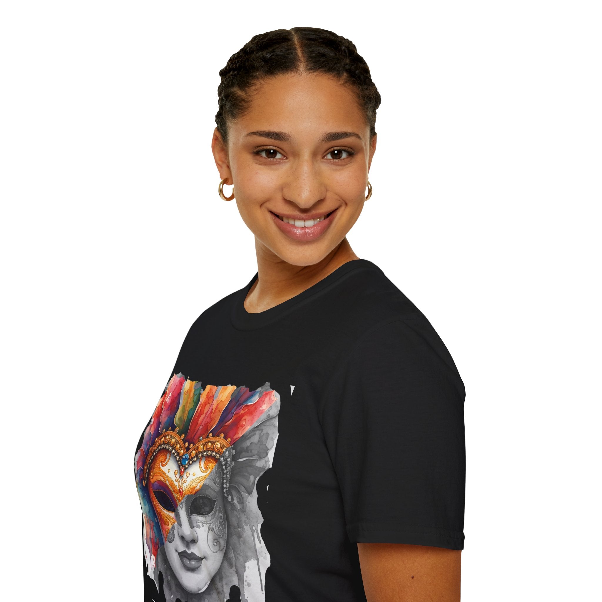 Black T-shirt with watercolor mask face graphic, worn by model