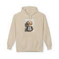 Light beige hoodie with front hood and centered dog mugshot graphic
