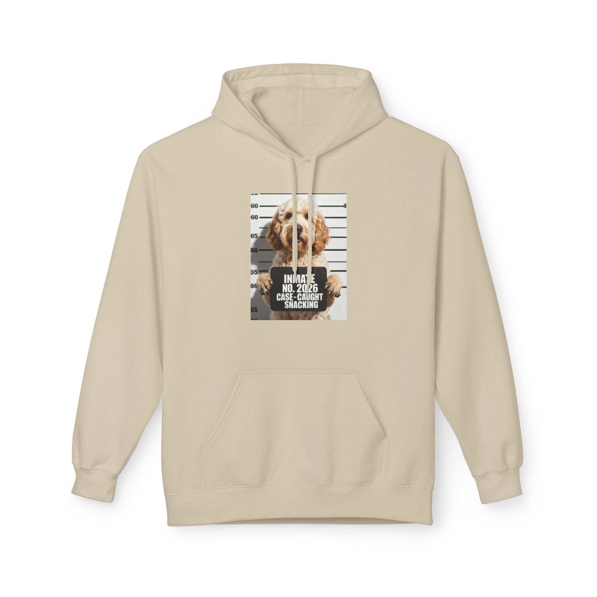 Light beige hoodie with front hood and centered dog mugshot graphic