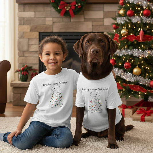 Kids Tee — Puppy Wrapped in Christmas Lights "Paws Up — Merry Christmas!"