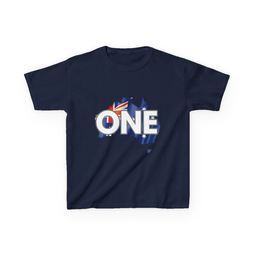 Kids Tee — "ONE" Australia Map Flag Unity Design (Patriotic Australia Day Shirt)