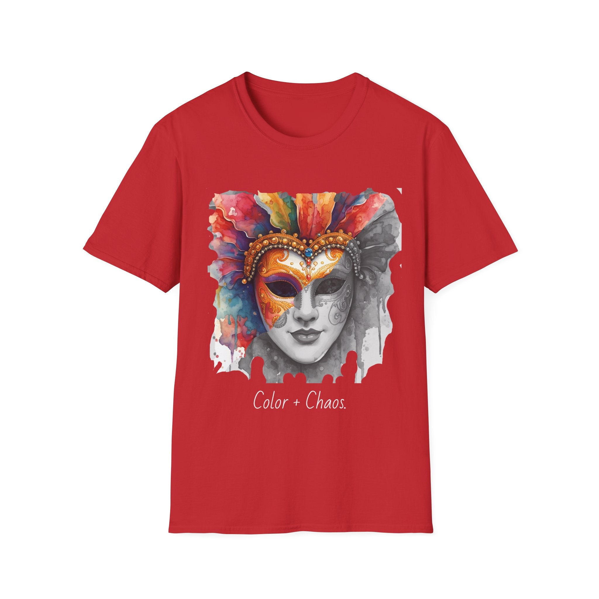 Red T-shirt with watercolor masquerade face mask graphic and ornate headpiece