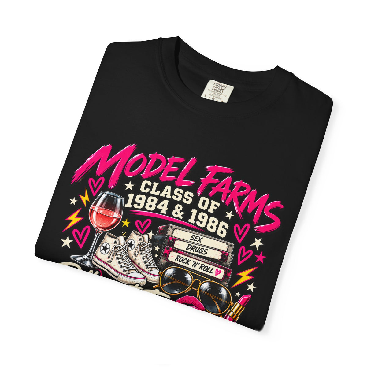 Black crewneck T-shirt, close-up of colorful retro class graphic